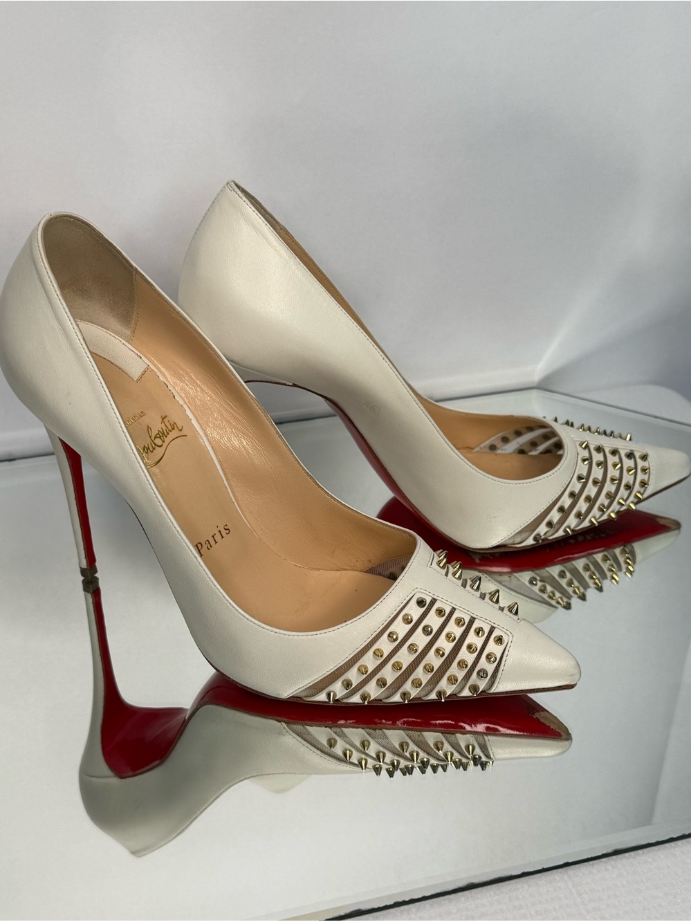 Christian Louboutin White Leather Studded Pointed-Toe Pumps